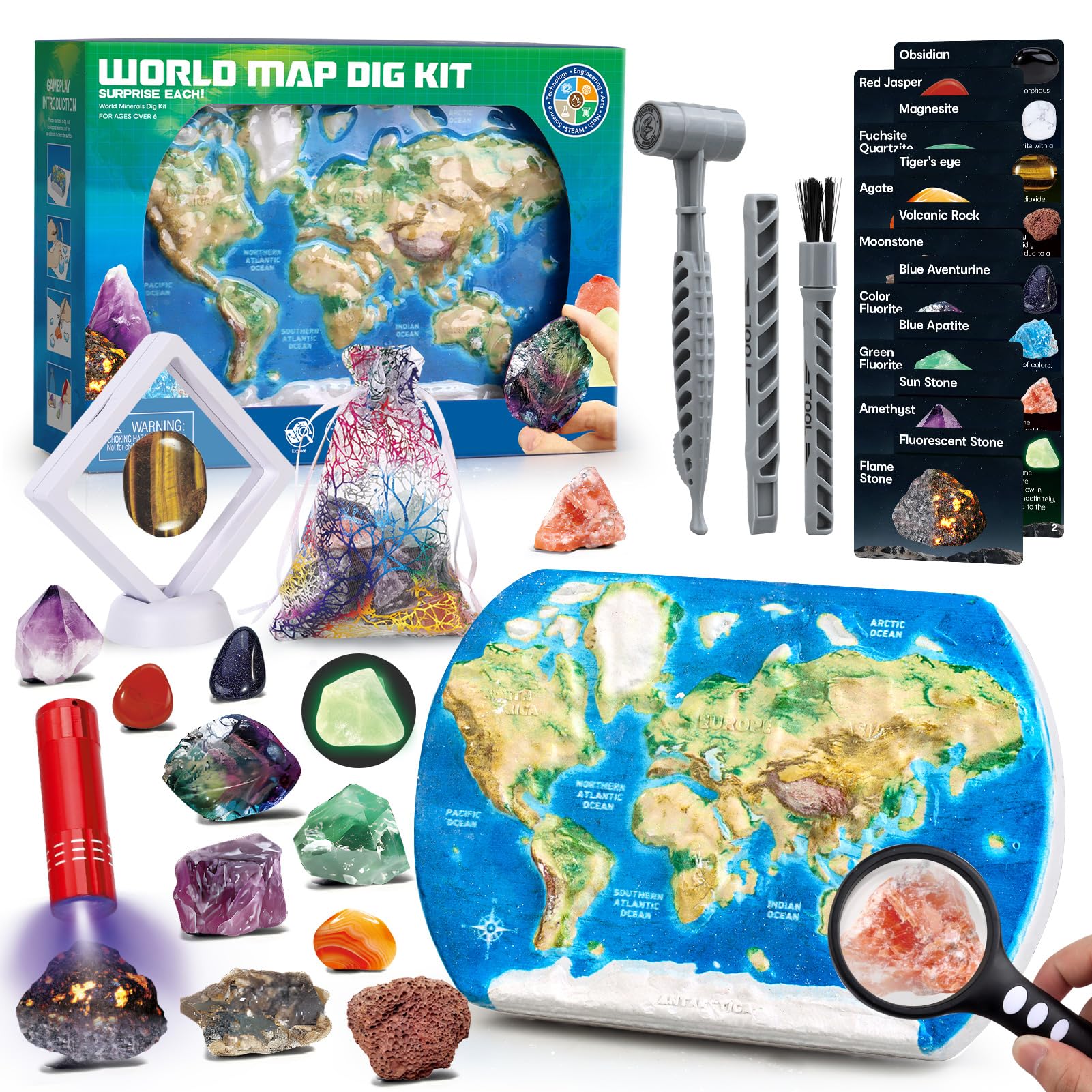 World Map Gemstone Dig Kit for 6 Year Old Boys and Up
Gemstone Dig Kit for Rocks Collection and Fossil Dig Toy
Rocks Exc
