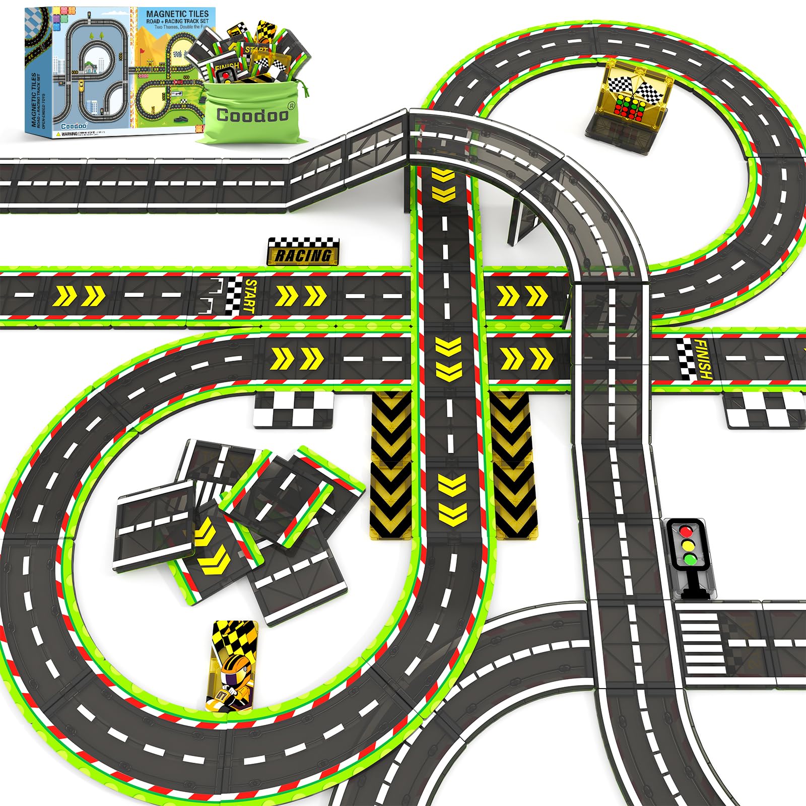 Magnetic Tiles Racing Track & City Road Expansion Pack for ToddlersSTEM Learning Montessori ToysSensory Play Building Ga